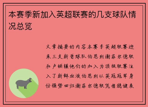 本赛季新加入英超联赛的几支球队情况总览