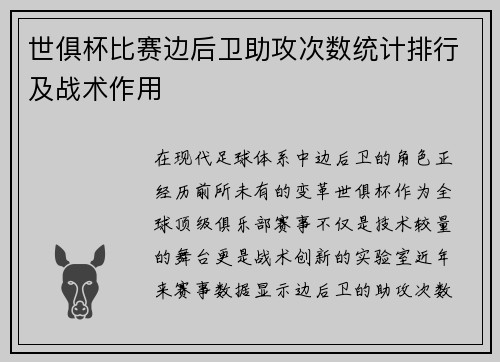 世俱杯比赛边后卫助攻次数统计排行及战术作用